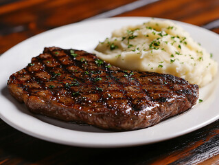 Neatly arranged grilled steak dish mashed potatoes served dark juicy beef cooked dining elegant food photography cut chef warm meal rich classic menu fork sauce fine food plate fresh rare feast filet