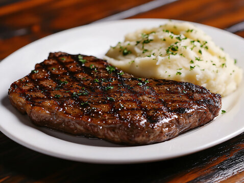 Neatly arranged grilled steak dish mashed potatoes served dark juicy beef cooked dining elegant food photography cut chef warm meal rich classic menu fork sauce fine food plate fresh rare feast filet