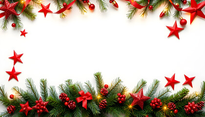 Christmas background border at the bottom with fir branches and other decorations presents red stars and bulbs with copy space on white background, magazine photoshoot. isolated with white shades