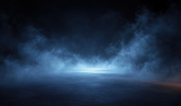 Abstract Minimalist Black Background with Soft Blue Light Fog and Dark Night Asphalt
