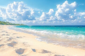 Obraz premium Beach Vacation Abstract Background with Calm Sea Bokeh Light and Soft Texture Sunrise Over Sandy Foreground