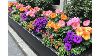 Vibrant colorful flowers in a long planter box.