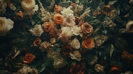 A lush arrangement of various flowers in autumnal hues. Deep greens and rich earth tones create a moody, romantic atmosphere.