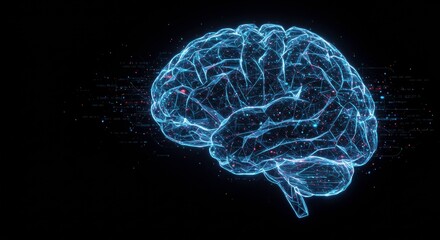 Obraz premium Digital Brain: A mesmerizing, three-dimensional digital rendering of a human brain, glowing with vibrant blue light against a dark background, symbolizes intelligence, neural networks.