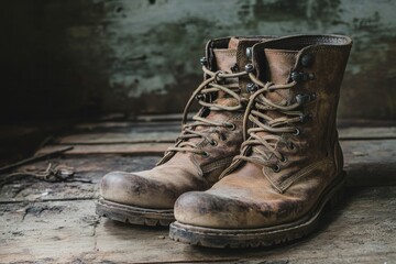 Worn Rugged Leather Boots on Weathered Wooden Surface