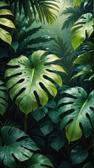lush, green tropical leaves with a gradient background transitioning from dark to light green