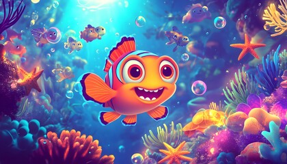 Obraz premium Happy Clownfish Swims in Vibrant Coral Reef