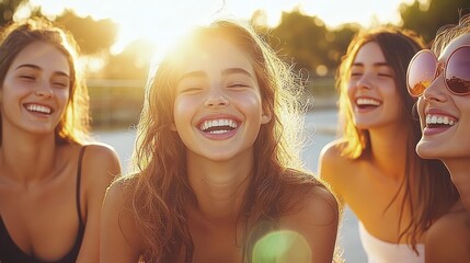 Friends Laughing Together Blowing Up Balloons in Sunlit Park