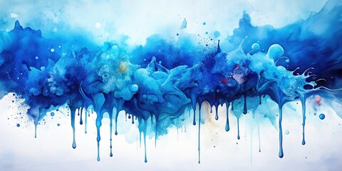 Fototapeta premium Abstract blue watercolor photography: a double exposure of dripping paint on white, resulting in a vibrant blue artistic backdrop.