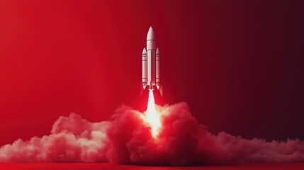 Rocket launching on a red background with copy space for text