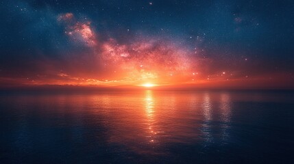 Ocean sunset under the Milky Way galaxy with colorful sky