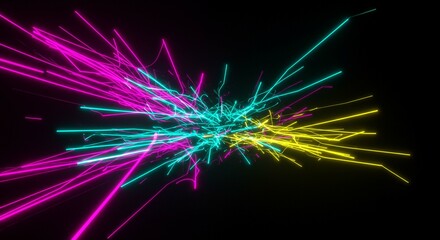 Abstract Neon Light Trails Vibrant Pink Cyan Yellow Glowing Lines Exploding on Black Background