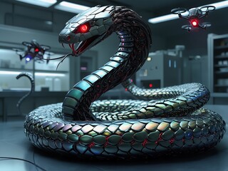 Futuristic Cybernetic Snake and AI Drone in a High-Tech Lab
