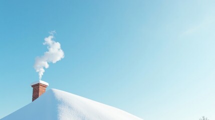 Winter Scene Brick Chimney Smoke Against a Clear Blue Sky and Snow Covered Roof