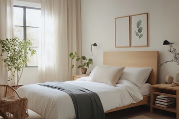 there is a bed with a white comforter and a wooden headboard