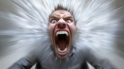 Man screaming with intense emotion, surrounded by a burst of motion blur.