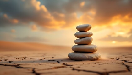 zen, stones, tall, stack, uneven, rugged, textures, cracked, desert, soil, dramatic, sky, sandstorm, clouds, dust, wind, trails, swirling, base, hyperrealistic, detail, serene, tranquil, harmony, 