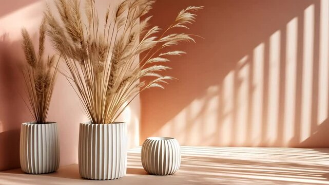 White vase with a plant in it sits in front of a wall. The vase is on a table and the plant is in a pot. The room is empty and the vase and plant are the only objects in the room