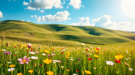 A vibrant meadow blooms with colorful wildflowers, including daisies and poppies, under a vast blue sky