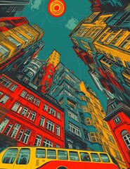 Obraz premium there is a bus that is driving down the street in front of buildings