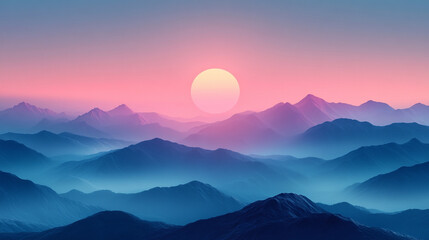 Fototapeta premium A serene, breathtaking sunset casts warm hues over majestic mountain ranges, symbolizing peace, reflection, and the fleeting beauty of nature. Modern blurred space adds a contemporary touch.