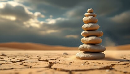 Obraz premium zen, stones, tall, stack, uneven, rugged, textures, cracked, desert, soil, dramatic, sky, sandstorm, clouds, dust, wind, trails, swirling, base, hyperrealistic, detail, serene, tranquil, harmony, 