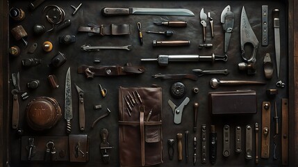 Fototapeta premium top view collection set An organized display of various vintage tools and equipment on a dark wooden surface.