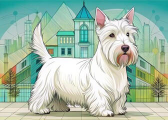 A stylish white Scottish Terrier portrait:  clean lines, architectural detail, perfect dog art print.