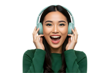 Asian girl wearing headphone and enjoying music isolated on transparent background, excited woman listening to music png