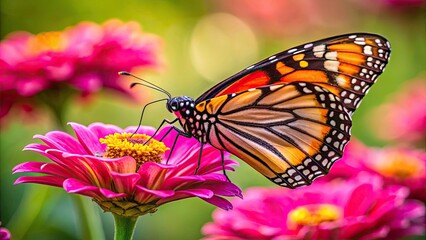 Fototapeta premium A vibrant pink zinnia hosts a majestic monarch butterfly in this stunning, high-resolution panoramic photo.