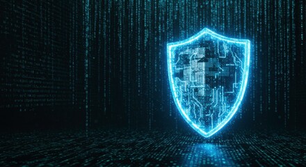 Cybersecurity Shield: A glowing, futuristic shield composed of digital circuitry stands defiantly against a cascading backdrop of blue binary code, symbolizing robust protection in the digital age. 