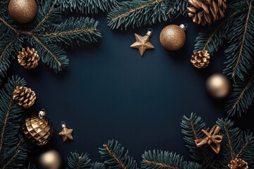 Fototapeta premium modern minimalist holiday composition with geometric metallic ornaments on dark background
