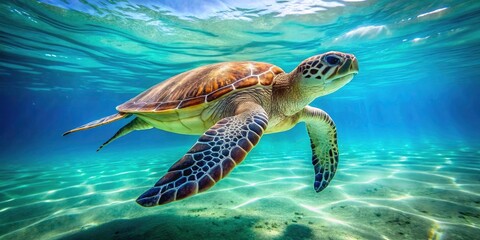 Obraz premium A vintage-style image captures a green sea turtle's underwater elegance in the deep blue sea.