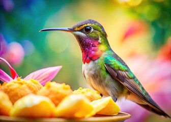 Fototapeta premium A watercolor hummingbird, painted with delicious detail, adorns this edible still life.