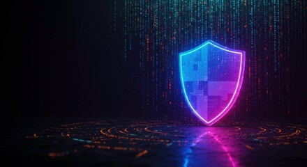 Neon Shield of Protection: A glowing neon shield, symbolizing security and protection, stands tall against a backdrop of swirling digital data.