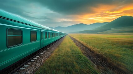 Obraz premium A green train is traveling down a track through a field