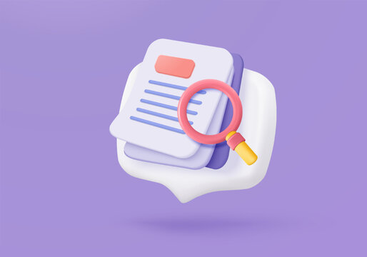 3d media file management concept. Searching image and video files in database. Document management soft, document flow app, compound docs concept. 3d magnifying icon vector rendering illustration