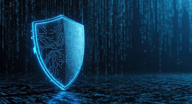 Digital Shield: A glowing, metallic shield with circuit board patterns, standing strong against a cascading backdrop of digital code.  This image evokes a sense of security, protection.