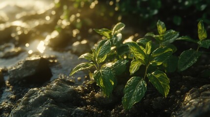 Naklejka premium Fresh Mint Leaves Growing in Sunlit Garden