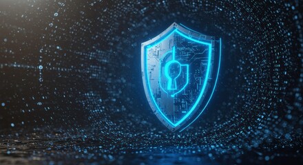 Cybersecurity Shield:  A glowing blue digital shield with a keyhole in the center stands out against a dark background of swirling binary code, symbolizing the powerful protection of cybersecurity. 