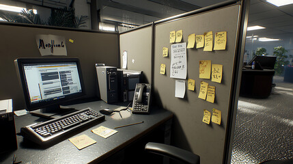 A cubicle with a computer, a phone, and a keyboard. generated using AI