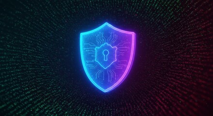 Cybersecurity Shield: A vibrant, glowing shield emblem, digitally rendered with a keyhole at its center, symbolizes impenetrable digital security within a matrix of binary code. 