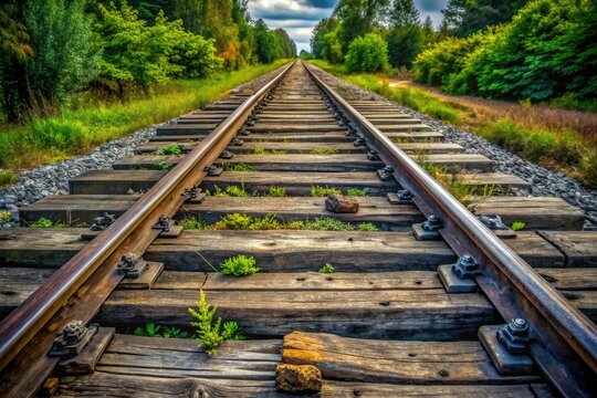 Candid shot:  black and white reveals a quiet railroad crossing, parallel tracks, asphalt, and worn sleepers.