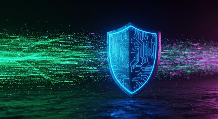 Cybersecurity Shield: A futuristic, glowing shield deflects a stream of digital particles, symbolizing robust data protection and online security.