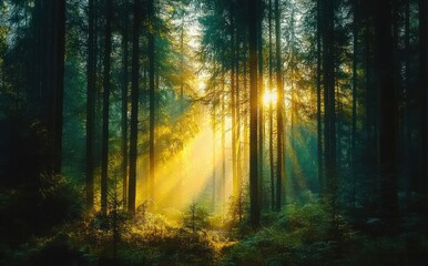 Fototapeta premium Serene Spring Forest at Dawn with Beautiful Sun Rays and Tranquil Atmosphere