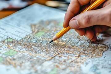 Human Hand Holding Pencil Over Cadastre Map, 