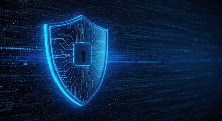 Cybersecurity Shield: A futuristic glowing blue shield with a circuit board texture and a central padlock, set against a backdrop of digital binary code.