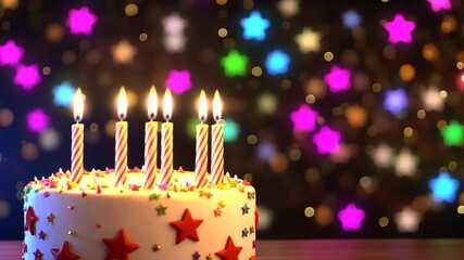 Celebrate with a colorful birthday cake adorned with candles and vibrant decorations in a festive atmosphere