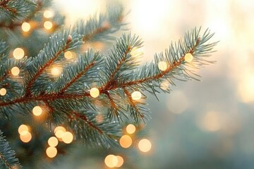 Christmas Pine Tree Branches with Glistening Dew and Warm Bokeh Lights