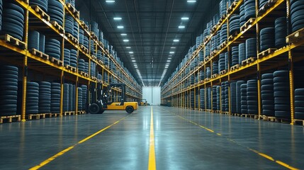 Fototapeta premium Warehouse interior with stacked tires and forklift.